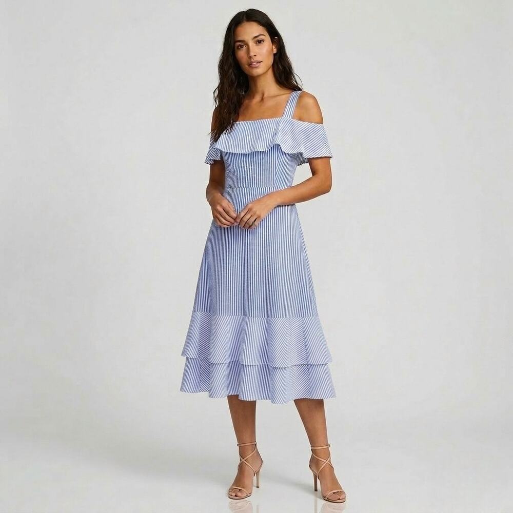 J.Crew Collection Striped Cold-Shoulder Silk Dress True Blue Size 8